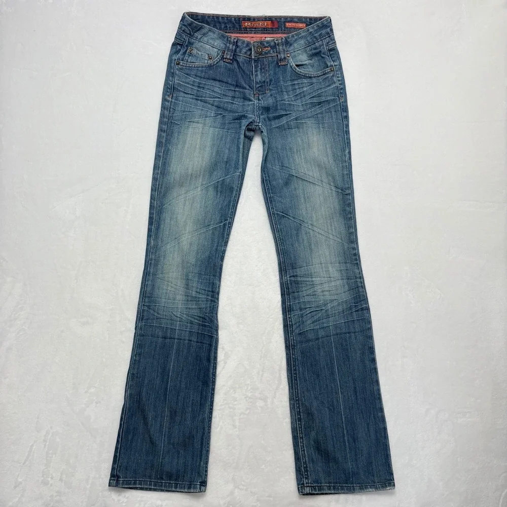 Mudd Jeans Y2K Size 3 Low Rise Flare Medium Wash Distressed Denim Blue Vintage - Picture 2 of 11